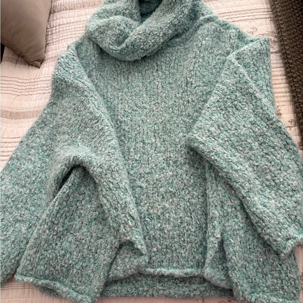 Free People Aqua Teal Chunky Cowl Neck Sweater
